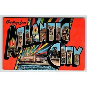Greetings Atlantic City New Jersey Large Big Letter Linen Postcard Lucy Elephant